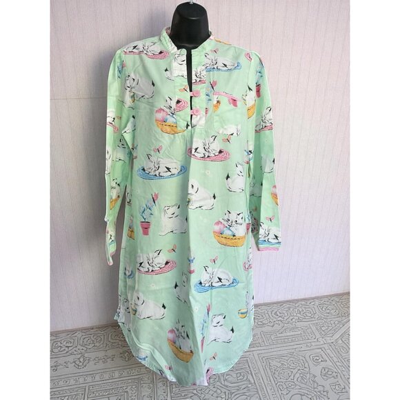 Nick & Nora Mint Green Long Sleeve Nightshirt With Cat Print & Mandarin Collar - Picture 2 of 12